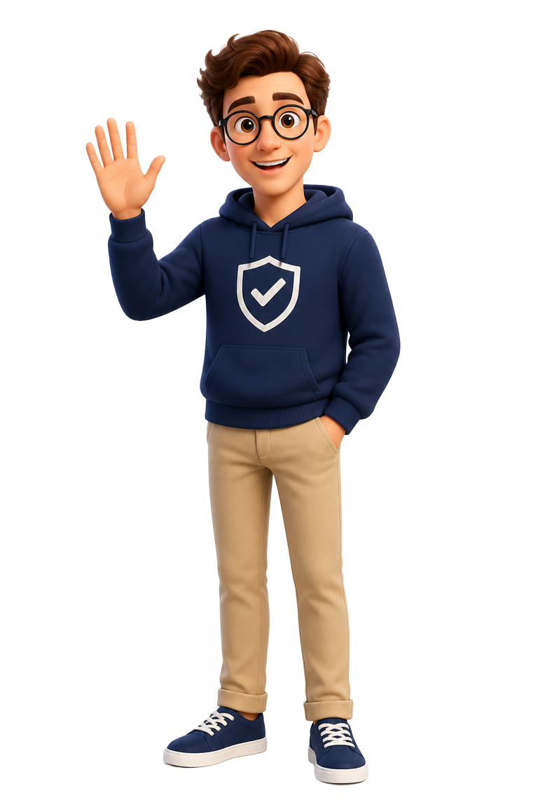 Buddy, de mascotte van Buddy+, zwaait